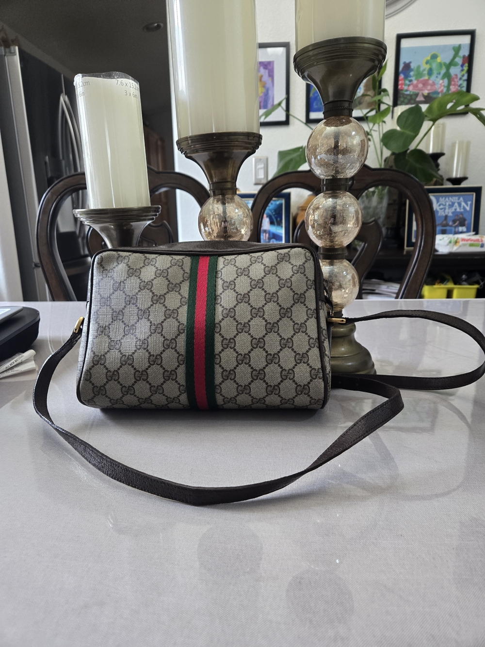 Gucci Monogram Crossbody Bag in Brown/Tan with Green & Red Stripe - Picture 2 of 10